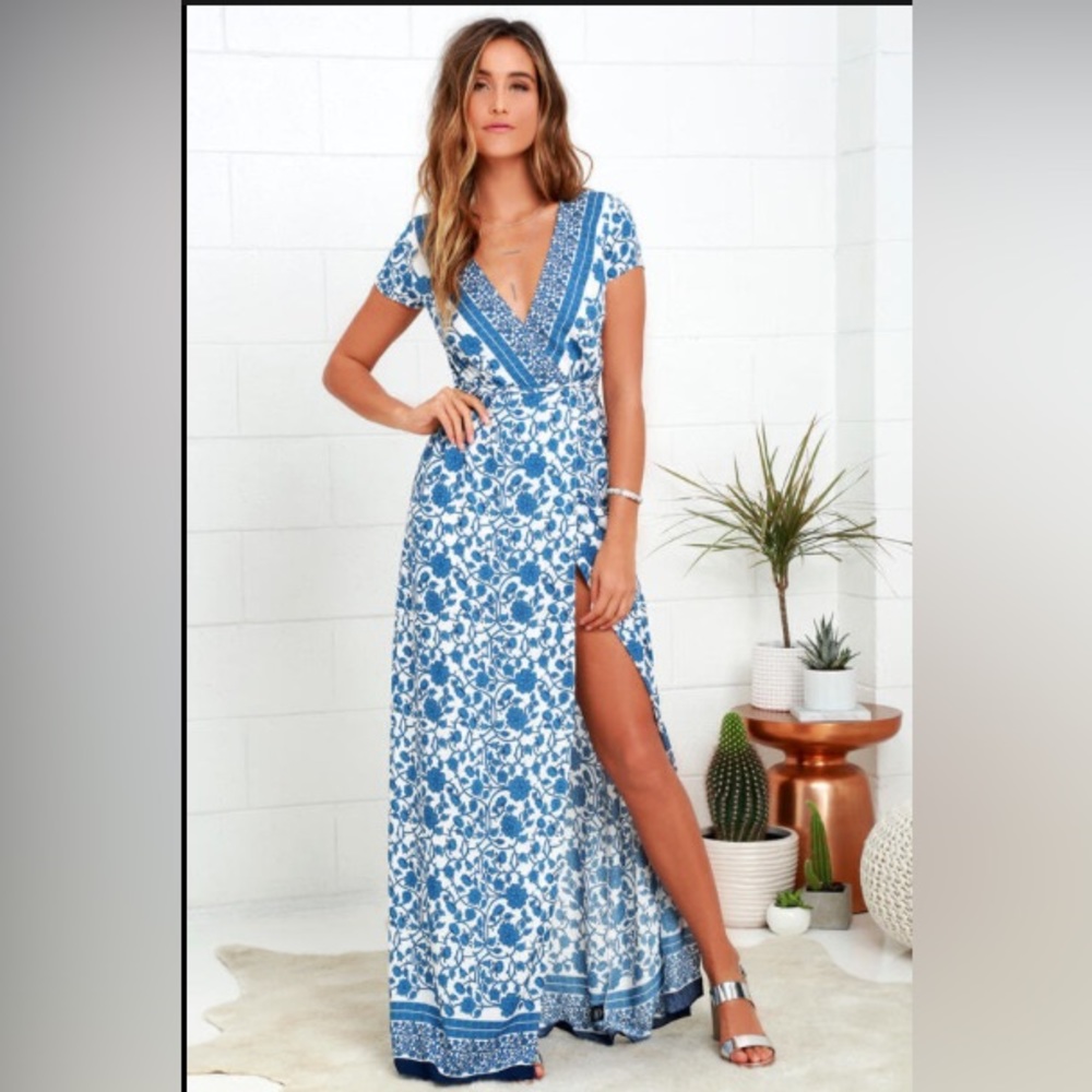 FRENCH DOORS IVORY AND BLUE FLORAL PRINT WRAP MAXI DRESS